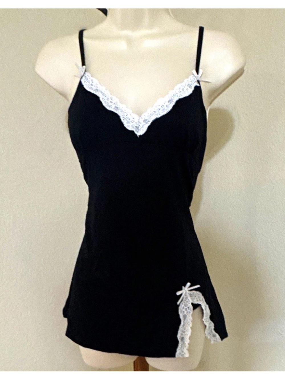 Women’s Black Solid Lace Trim Camisole Set Cotton Spandex Stretch Bow